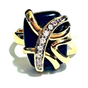 18K Gold Plated Cocktail Ring Crystals Black Enamel